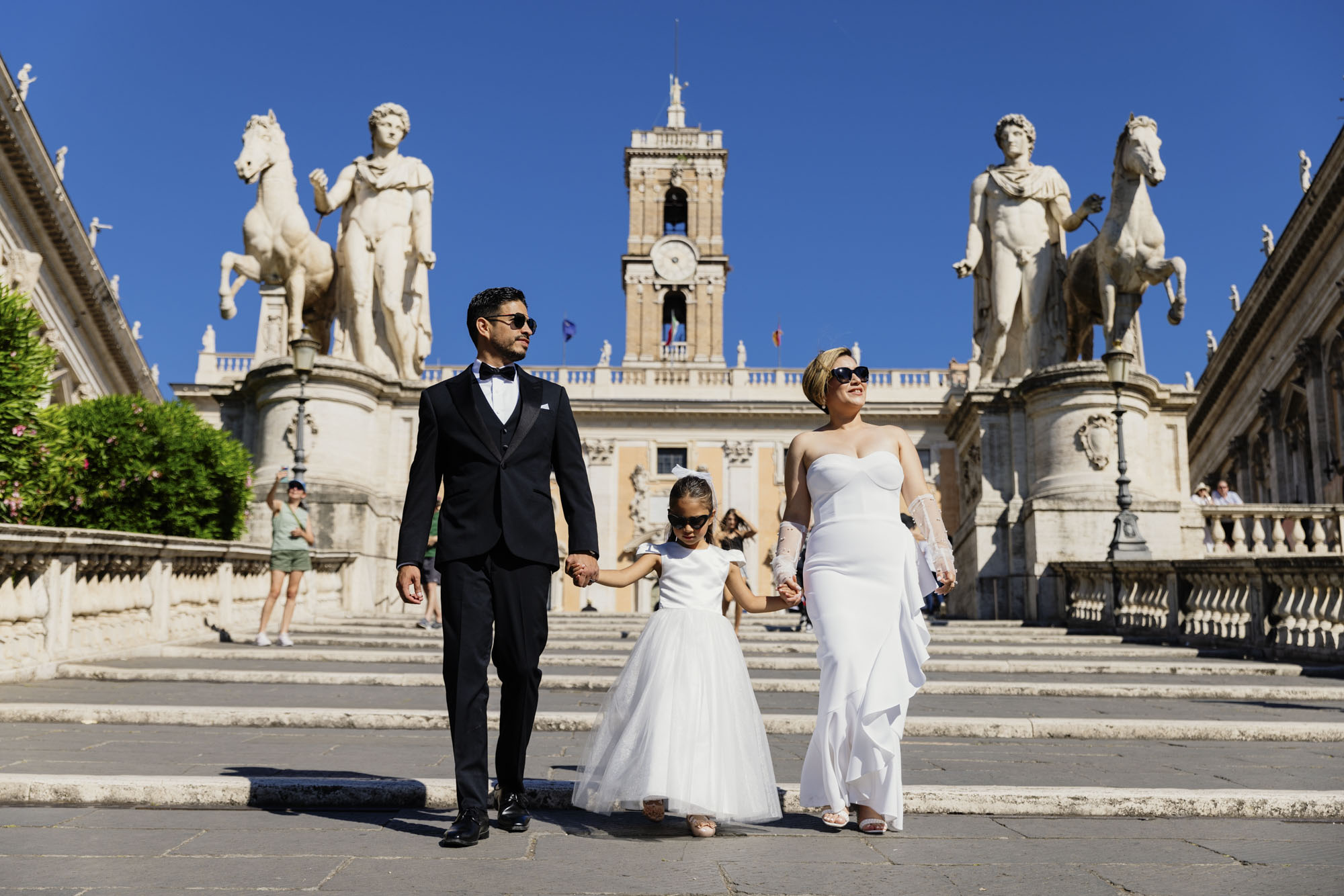 vow renewal couple and daughter on the campidoglio stairs