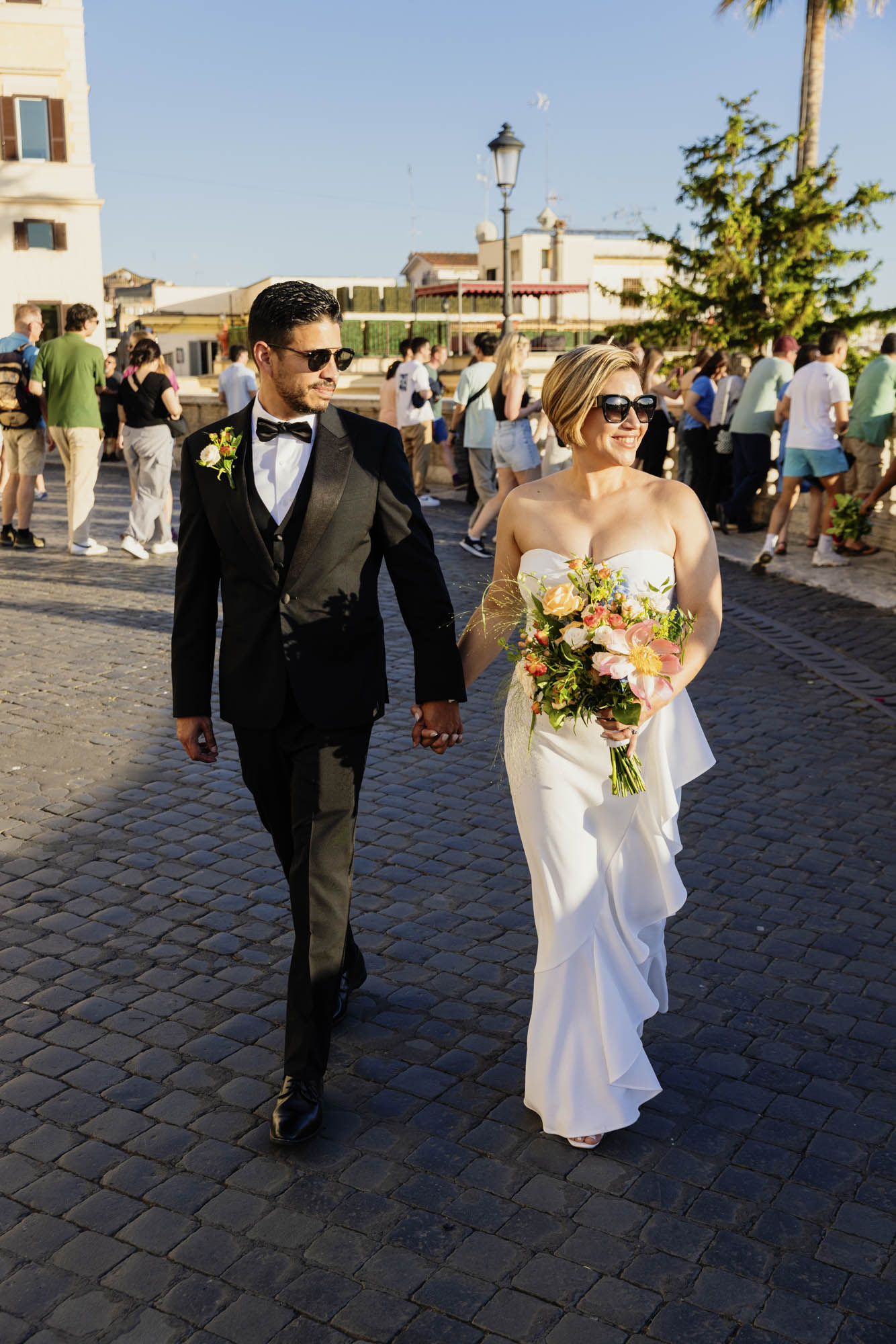 vow renewal couple walking around the streets of Rome