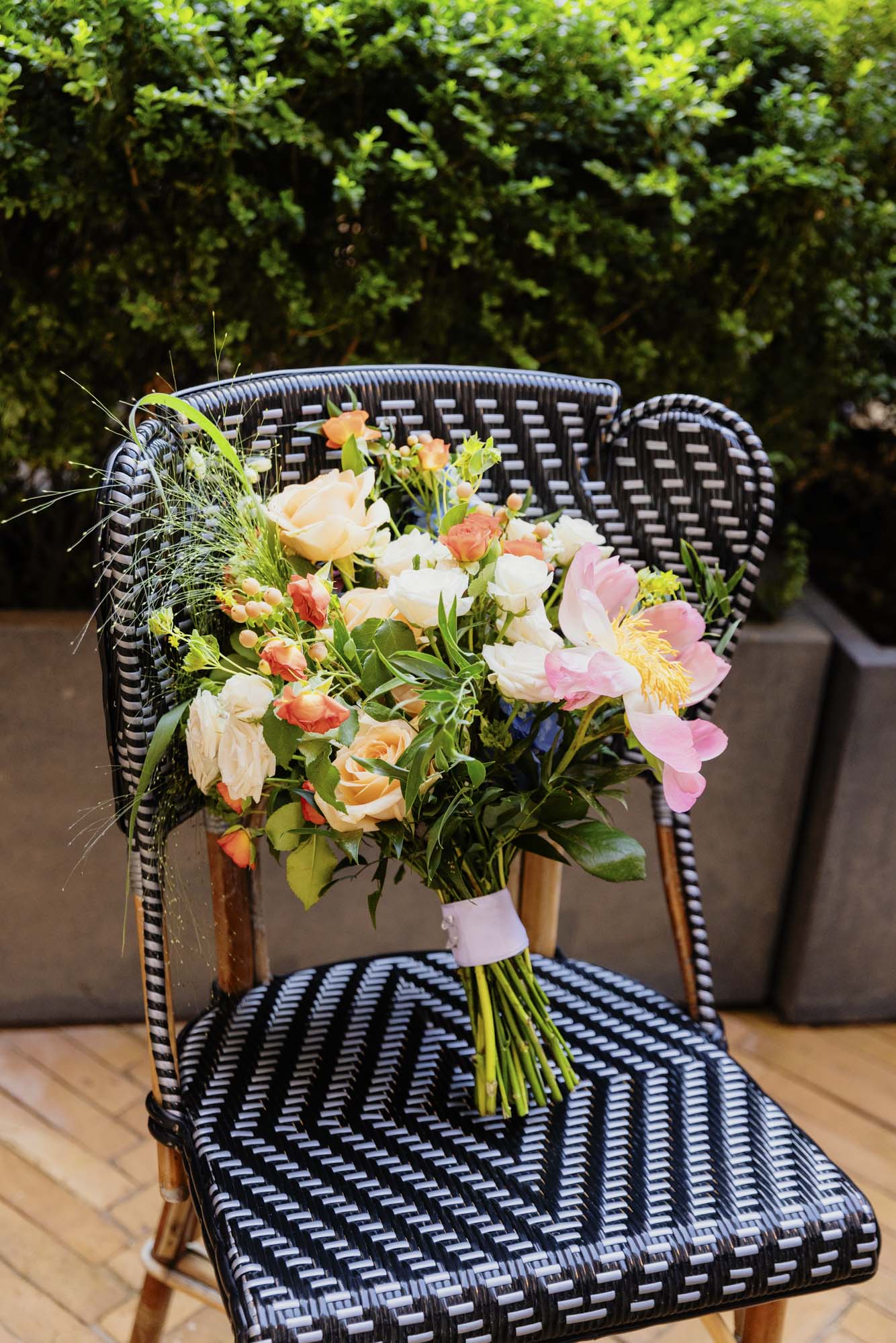 bridal bouquet with roses and peonies